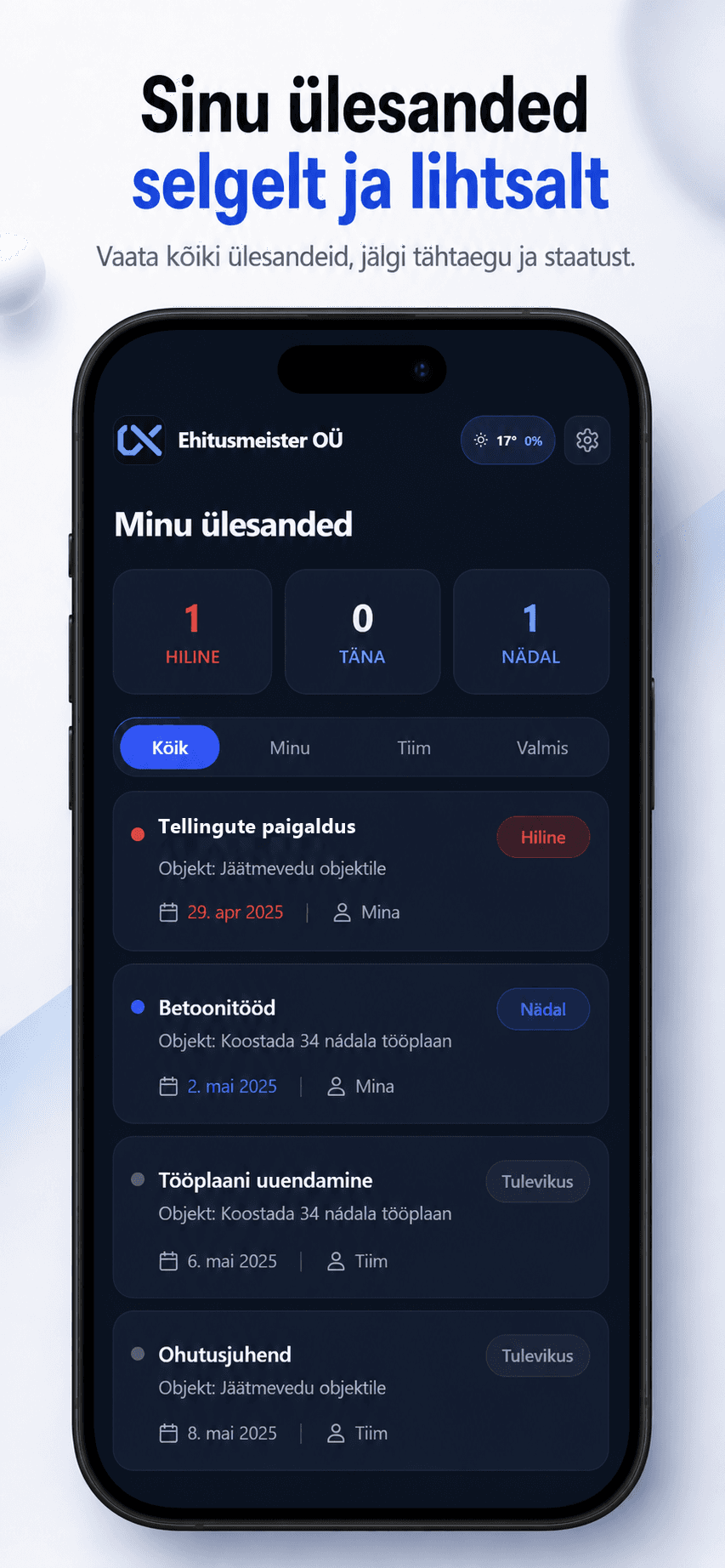 Cormexo ülesannete vaade staatuste ja tähtaegadega