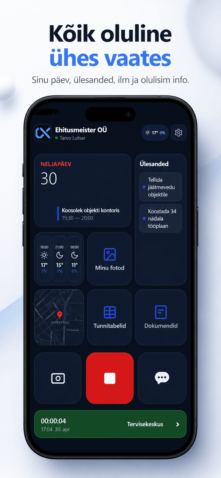 Cormexo mobiilirakenduse päevavaade ülesannete, ilma, foto ja tööaja käivitusega