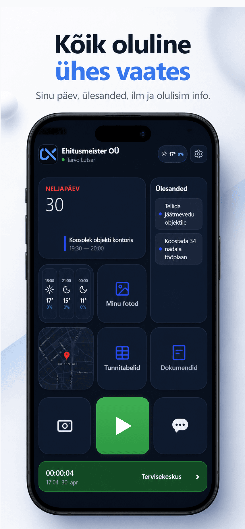 Cormexo mobiilirakenduse päevavaade ülesannete, ilma, foto ja tööaja käivitusega