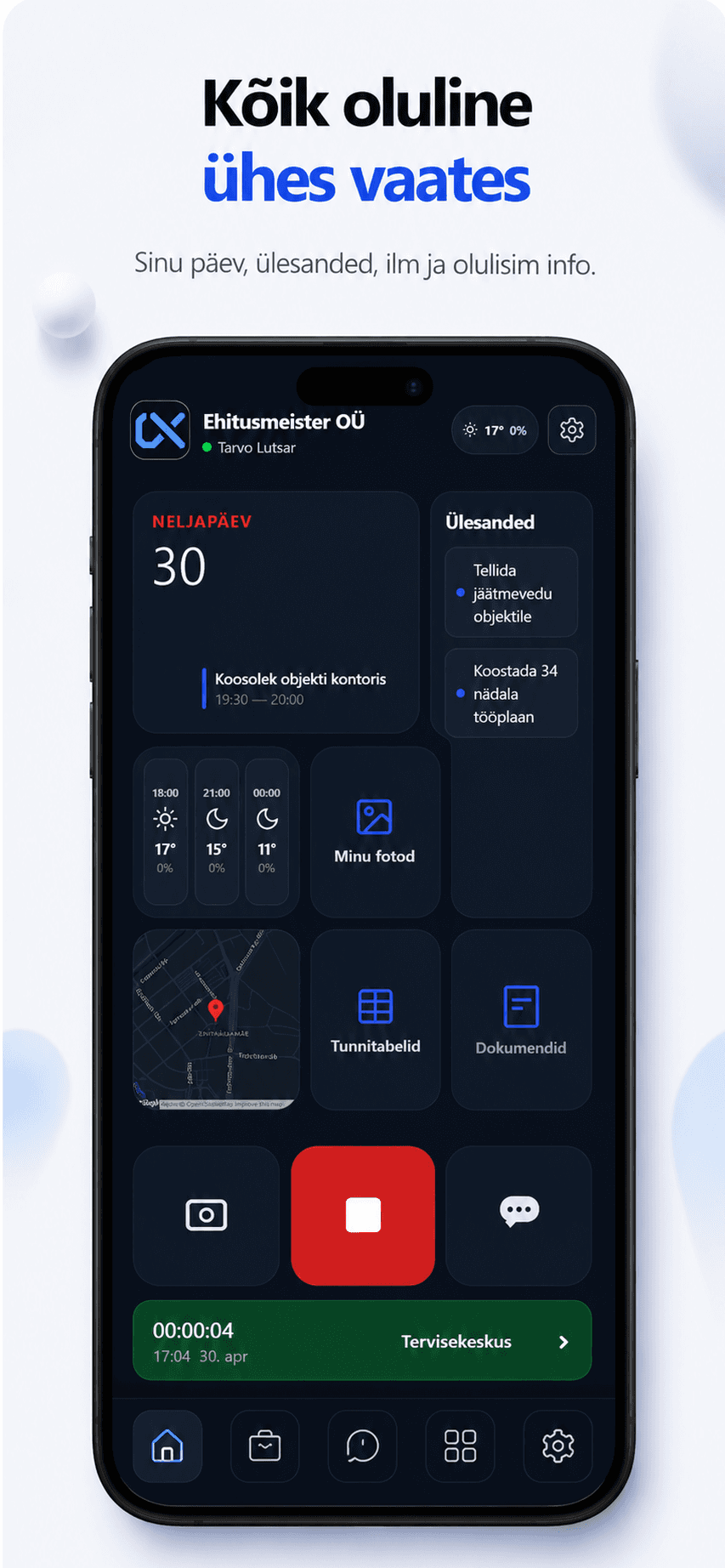 Cormexo mobiilirakenduse päevavaade ülesannete, ilma, foto ja tööaja käivitusega