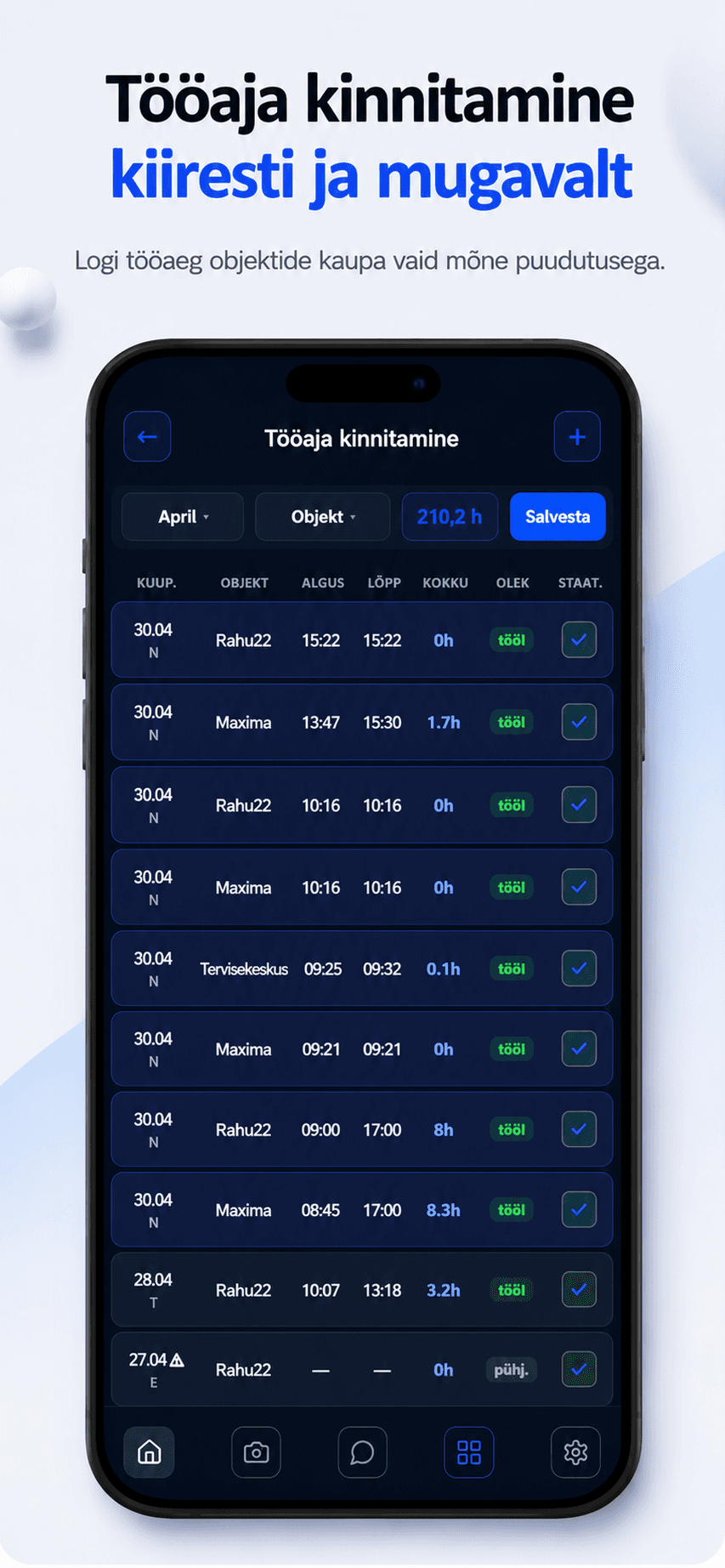 Cormexo mobiilirakenduse päevavaade ülesannete, ilma, foto ja tööaja käivitusega