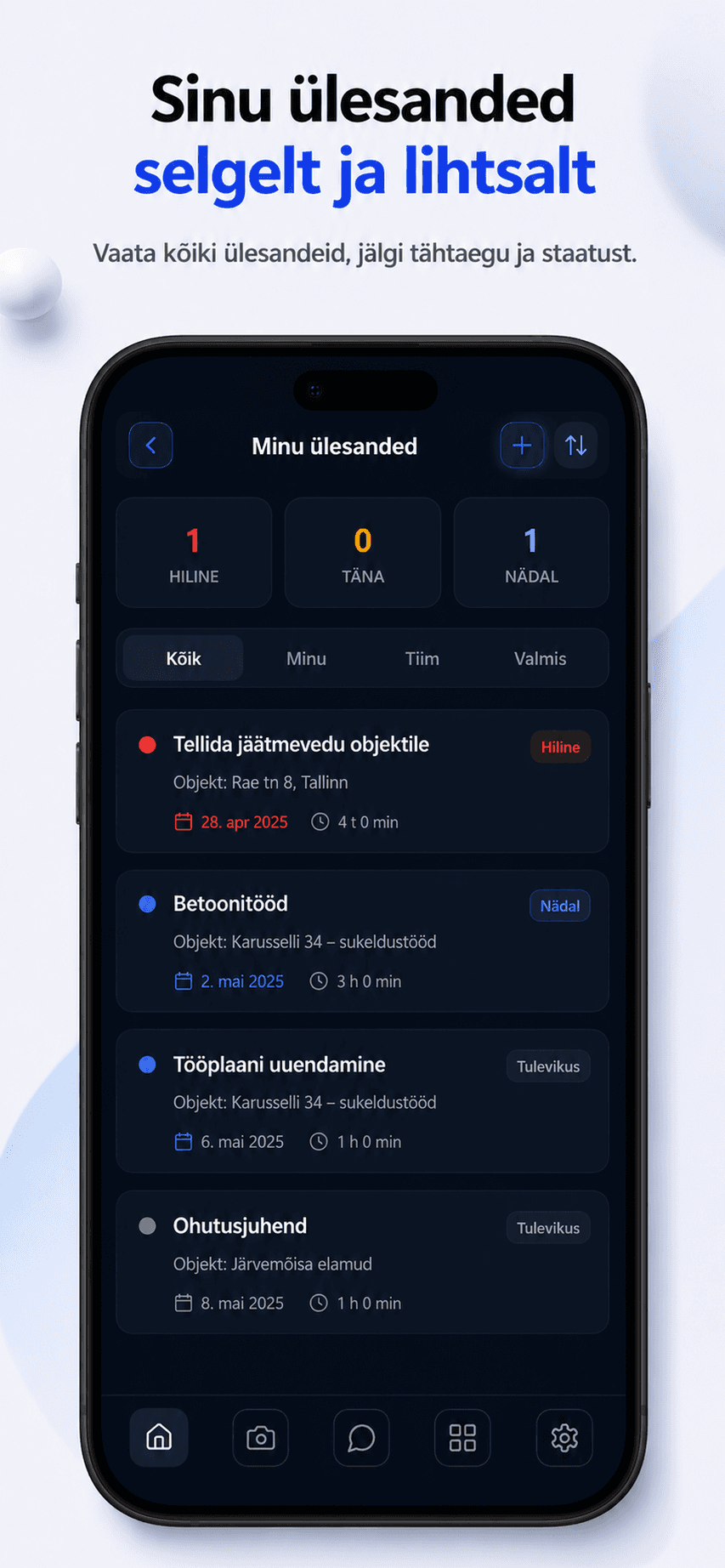Cormexo mobiilirakenduse päevavaade ülesannete, ilma, foto ja tööaja käivitusega